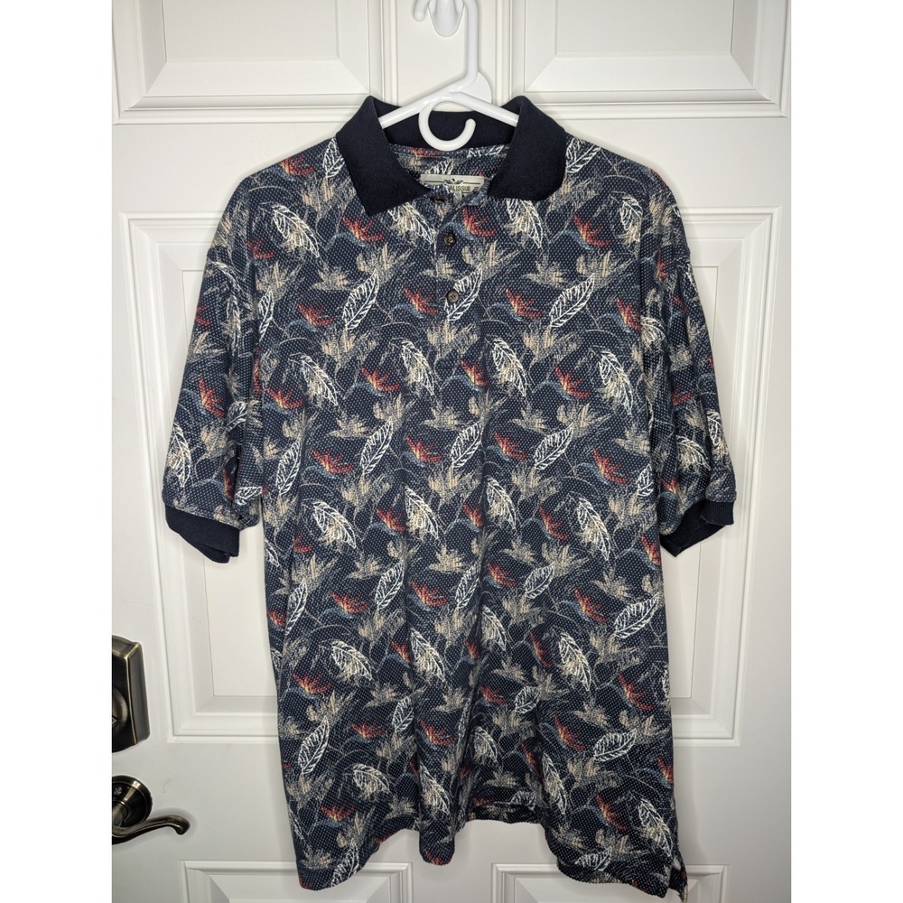 Vintage Natural Issue Men's Size XL Tropical Blue Leaf Print Polo Made In Israel